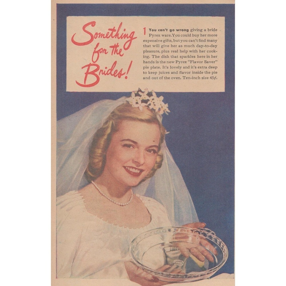 Vintage 1945 Pyrex Oven Ware Print Ad Bridal Kitchen World War 2 Era Decor